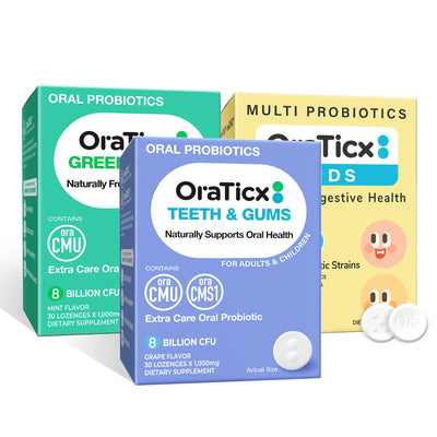 Essential oral probiotics for whole family. OraTicx Oral Probiotics for holistic oral health for women, men, kids